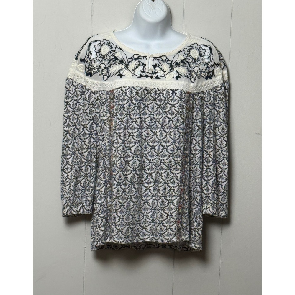Sundance Womens Boho Embroidered Lace Yoke Floral Print Blouse Blue White Size M